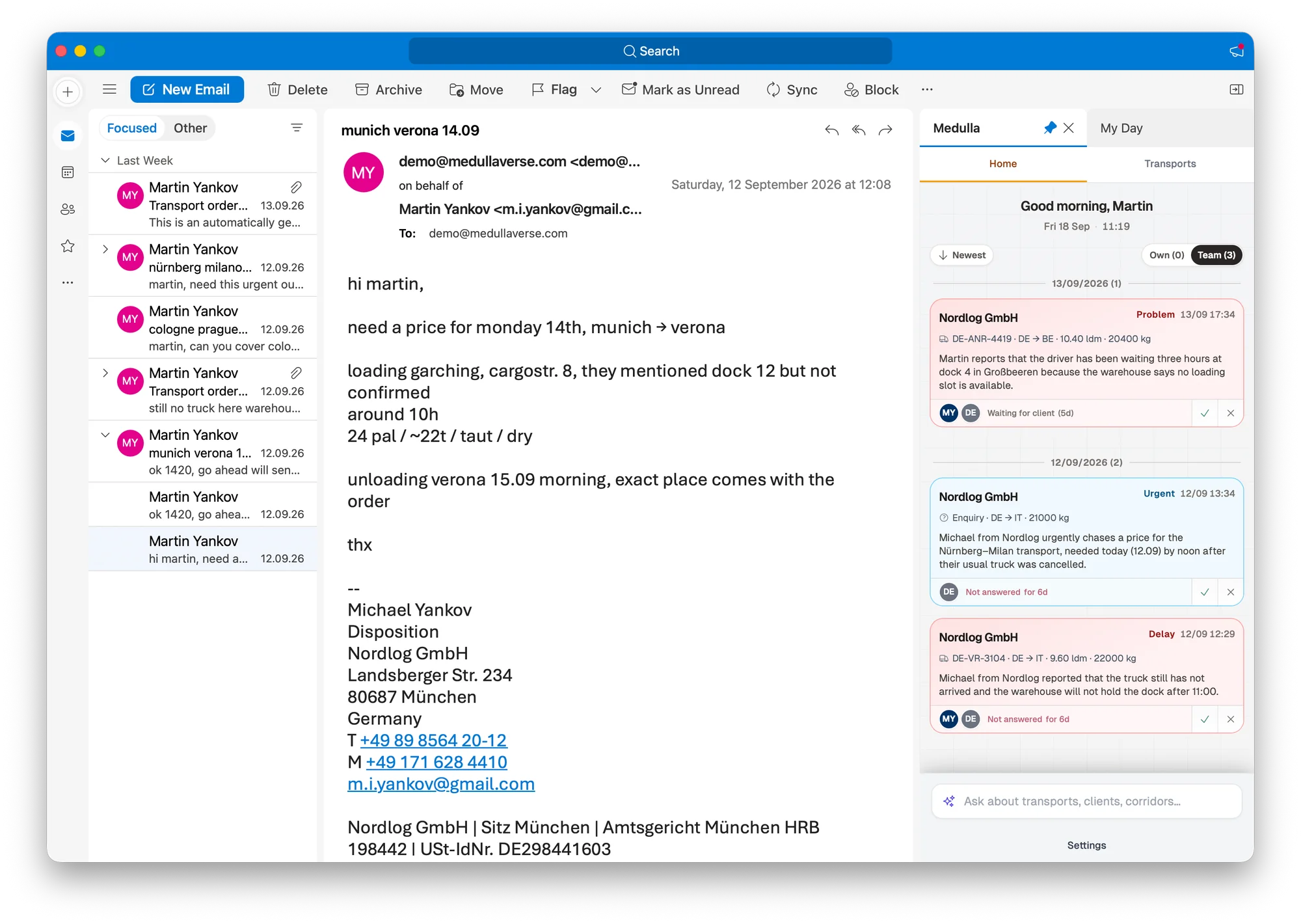 Desktop Inbox window with an open transport email and the Medulla add-in showing Operations Home with Own and Team.